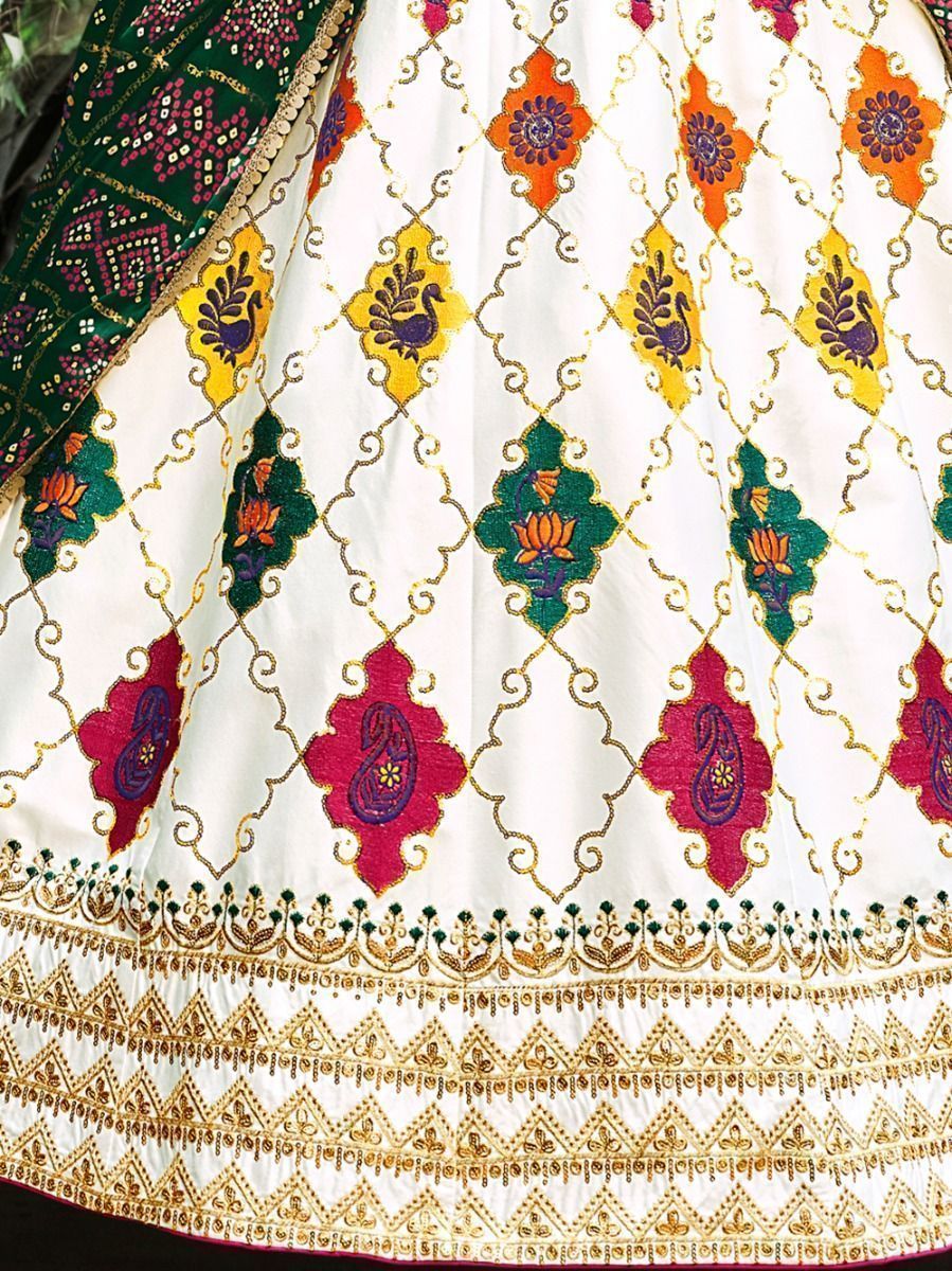 White & Green Embroidered & Printed Silk Lehenga Choli