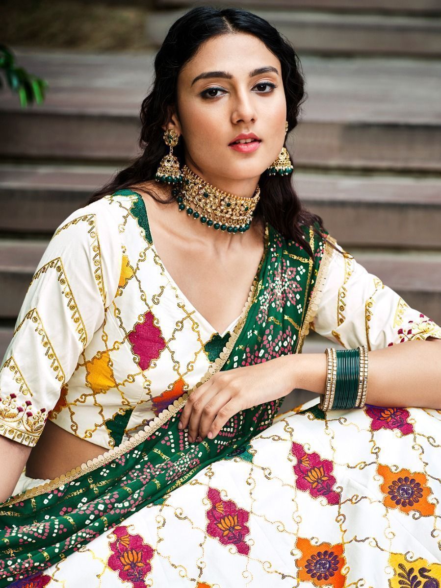 White & Green Embroidered & Printed Silk Lehenga Choli