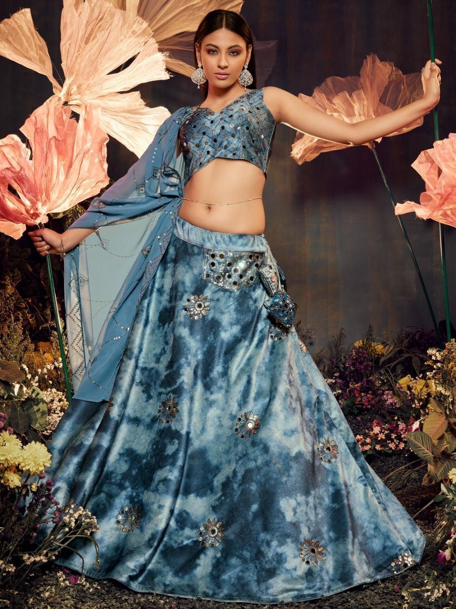 Fancy Blue Mirror Worked Velvet Lehenga Choli