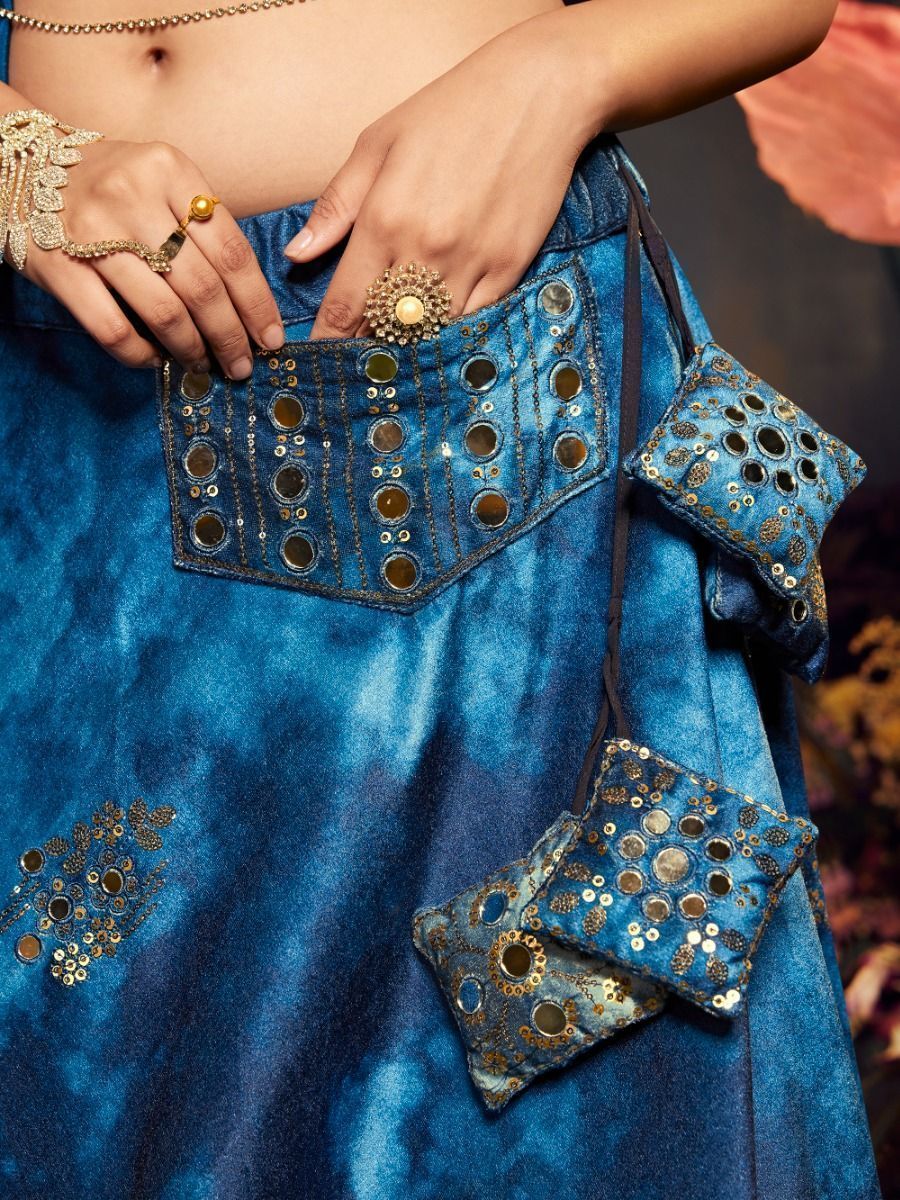 Royal Blue Mirror Worked Velvet Lehenga Choli