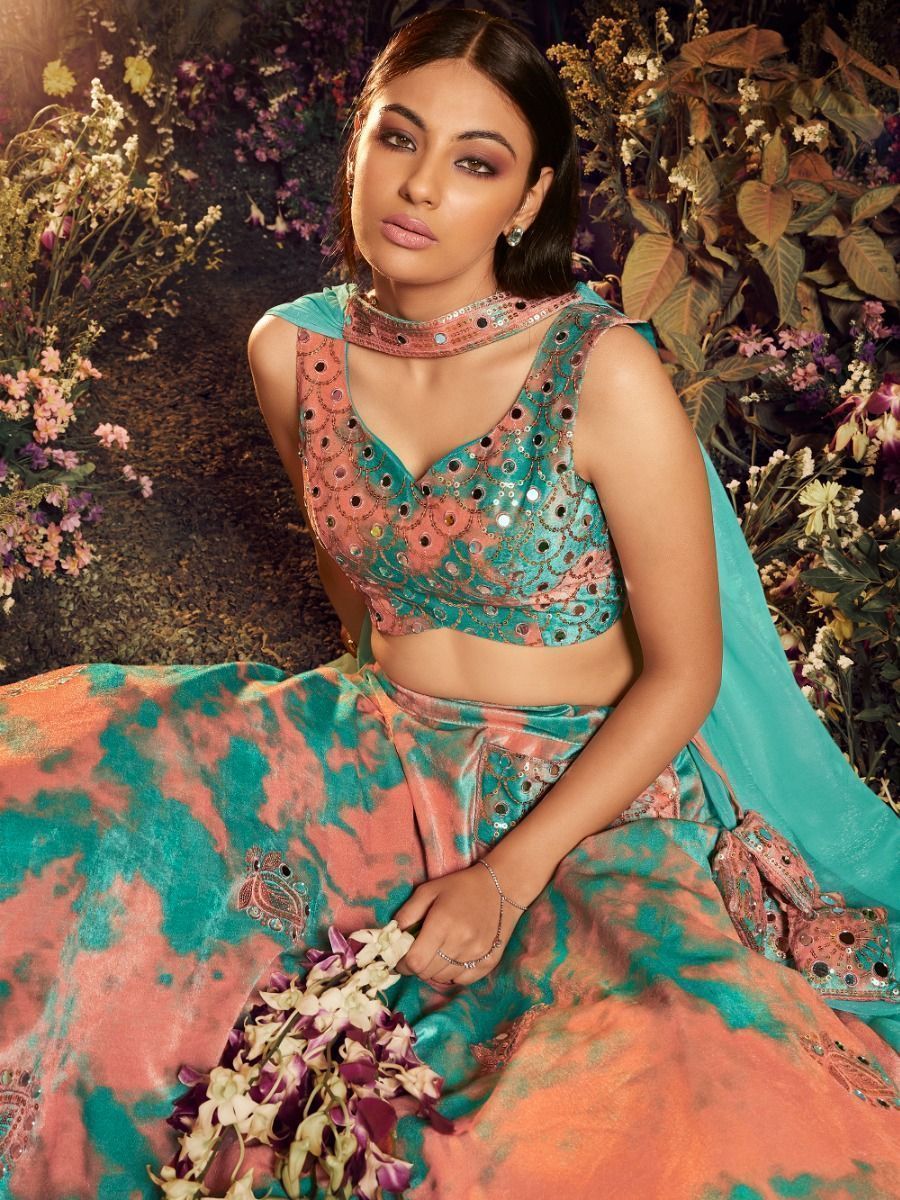 Turquoise Mirror Worked Velvet Lehenga Choli