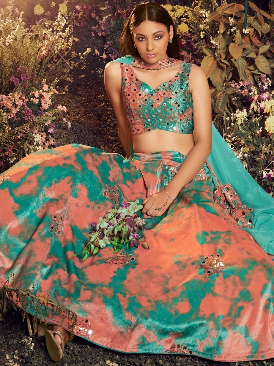 Turquoise Mirror Worked Velvet Lehenga Choli