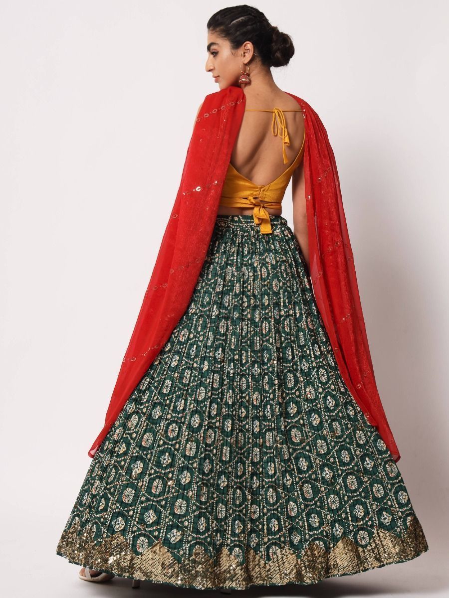 Navratri Wear Green & Multi Embroidered Silk Lehenga Choli