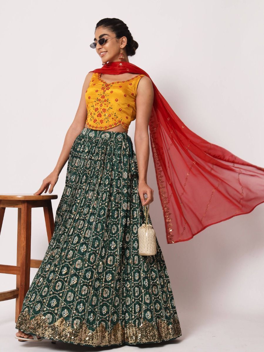 Navratri Wear Green & Multi Embroidered Silk Lehenga Choli