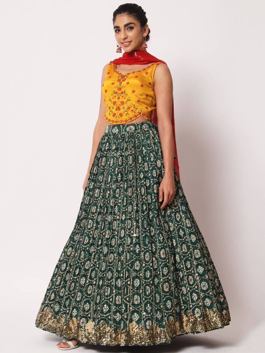 Navratri Wear Green & Multi Embroidered Silk Lehenga Choli