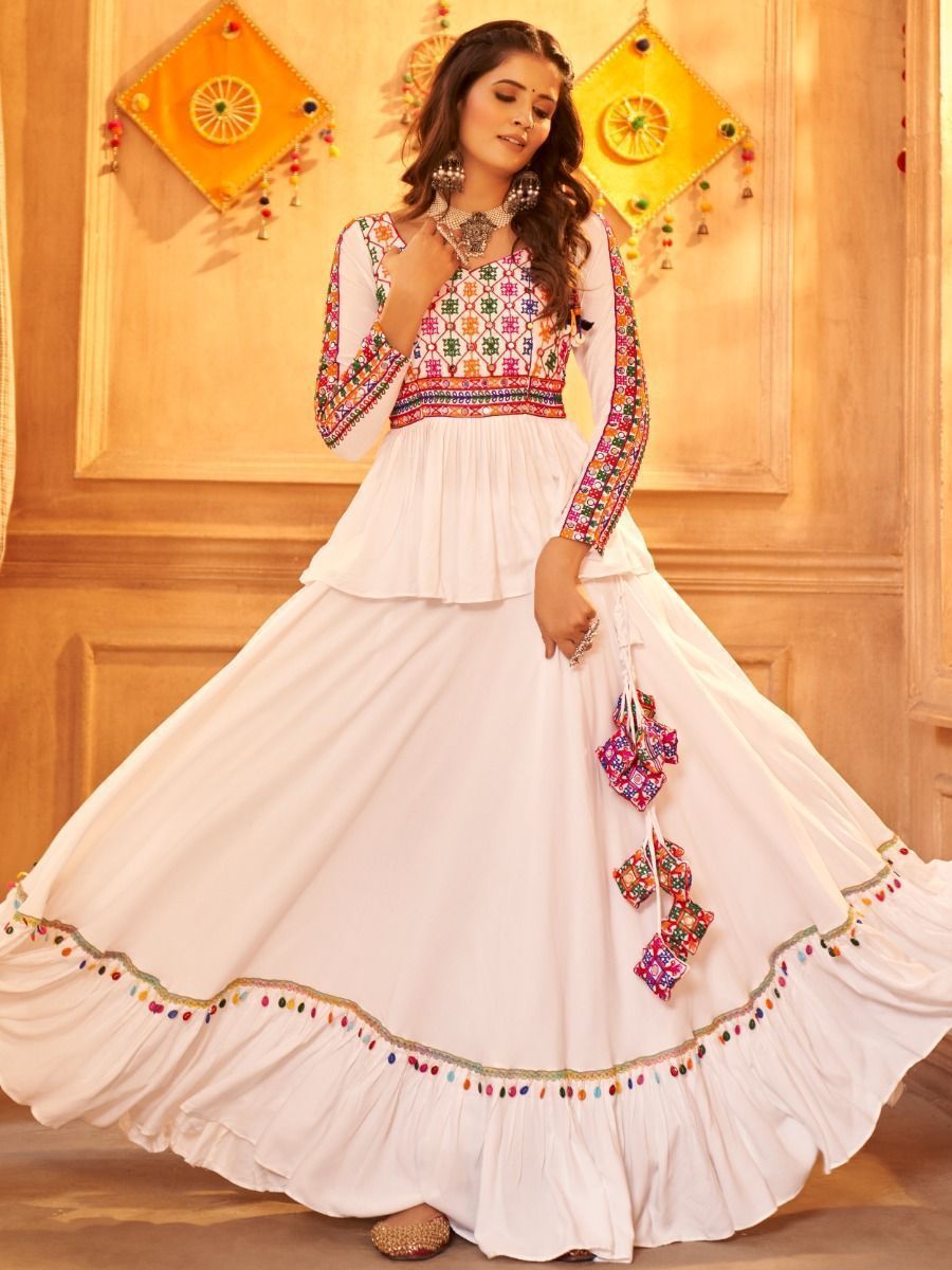 White Navratri Special Mirror Worked Rayon Lehenga Choli