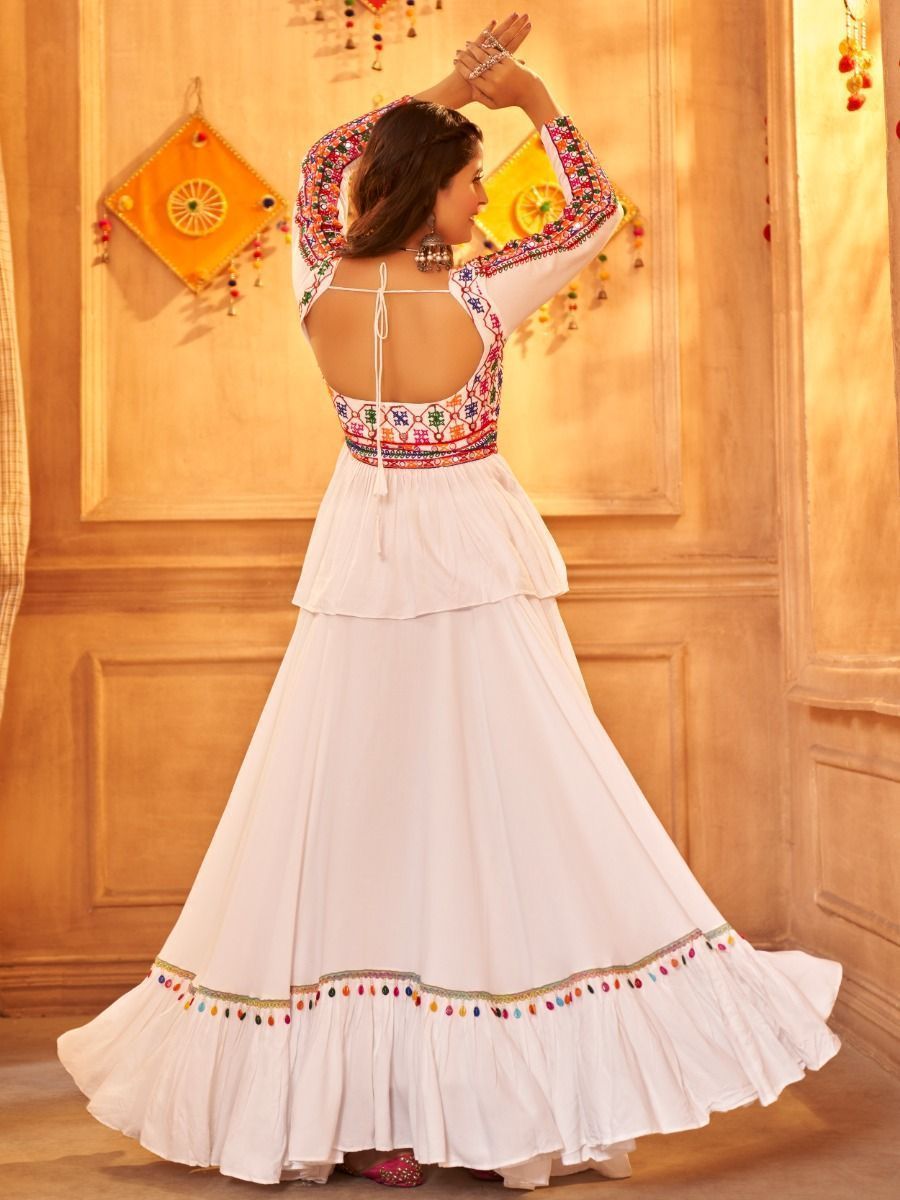 White Navratri Special Mirror Worked Rayon Lehenga Choli