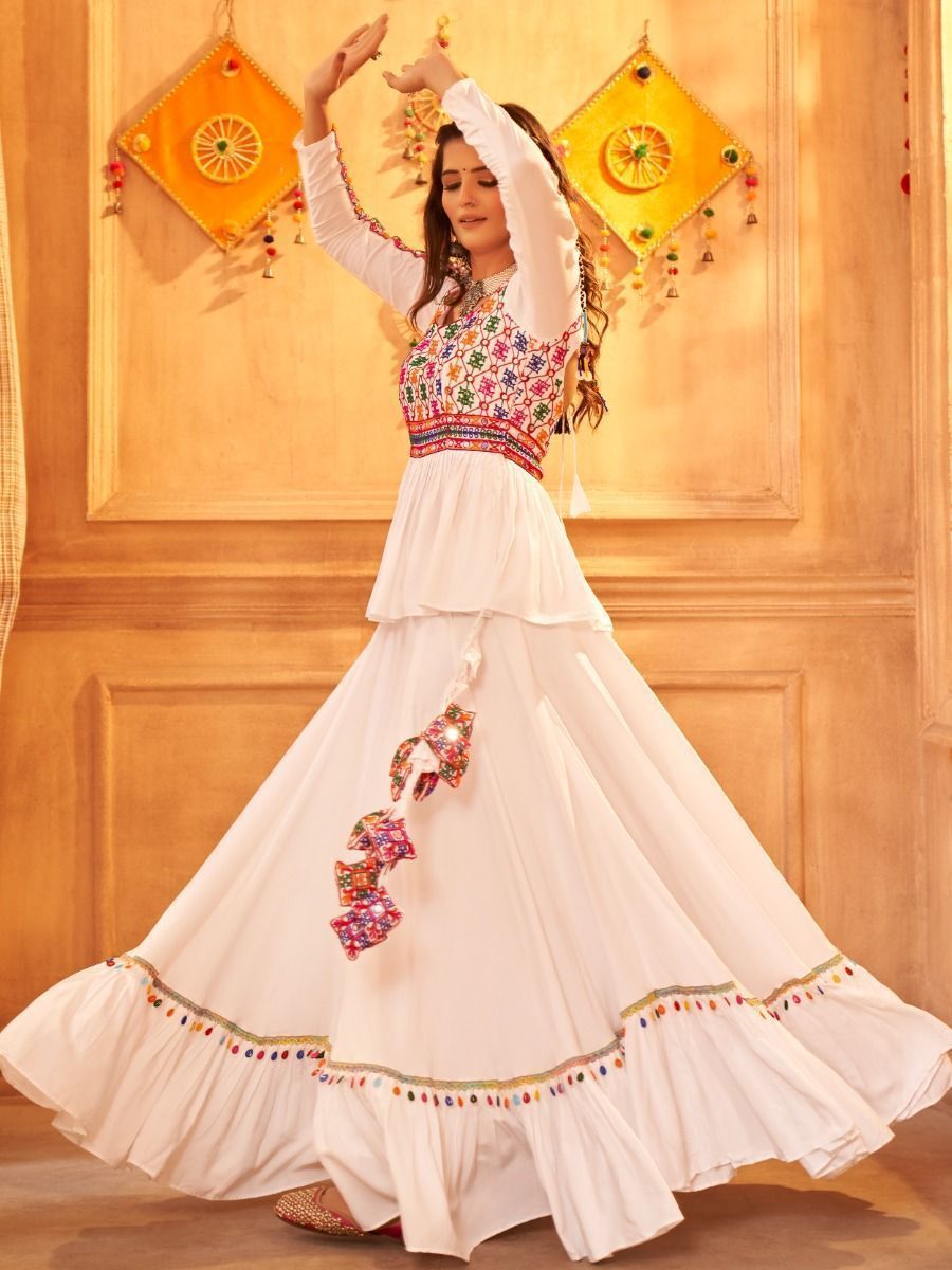 White Navratri Special Mirror Worked Rayon Lehenga Choli