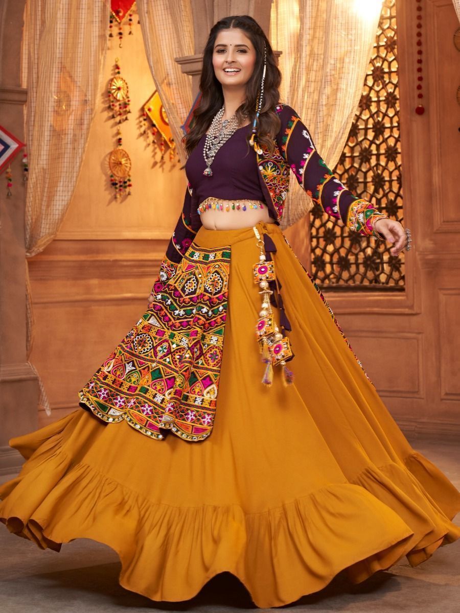 Mustard & Purple Navratri Special Mirror Worked Rayon Lehenga Choli