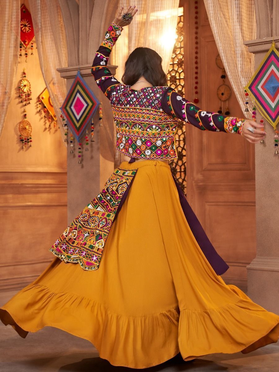 Mustard & Purple Navratri Special Mirror Worked Rayon Lehenga Choli