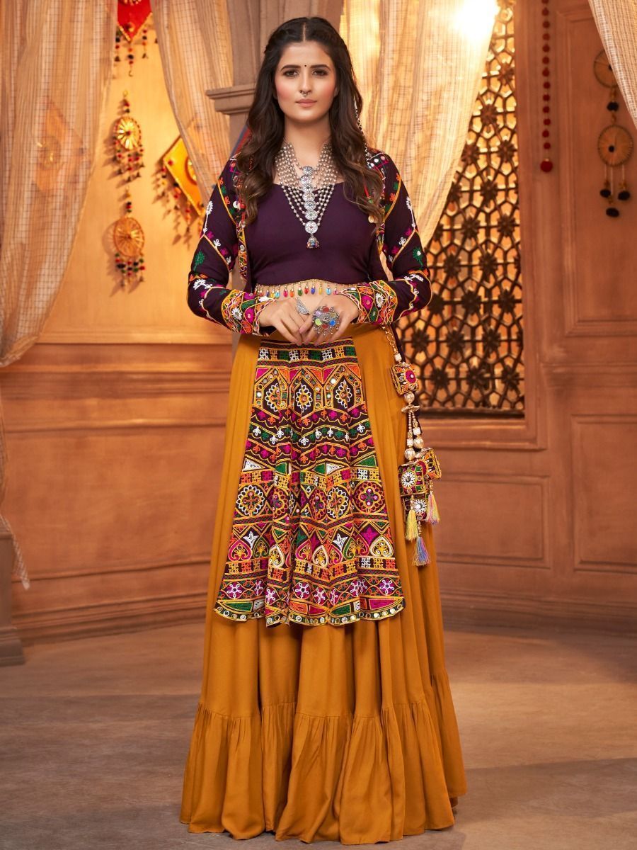 Mustard & Purple Navratri Special Mirror Worked Rayon Lehenga Choli