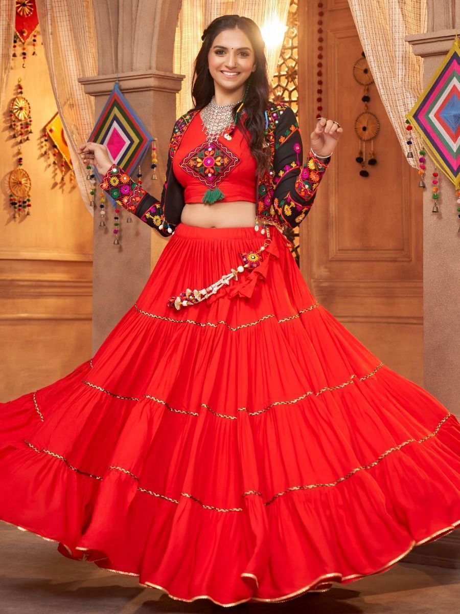 Cherry Red Navratri Special Mirror Worked Rayon Lehenga Choli