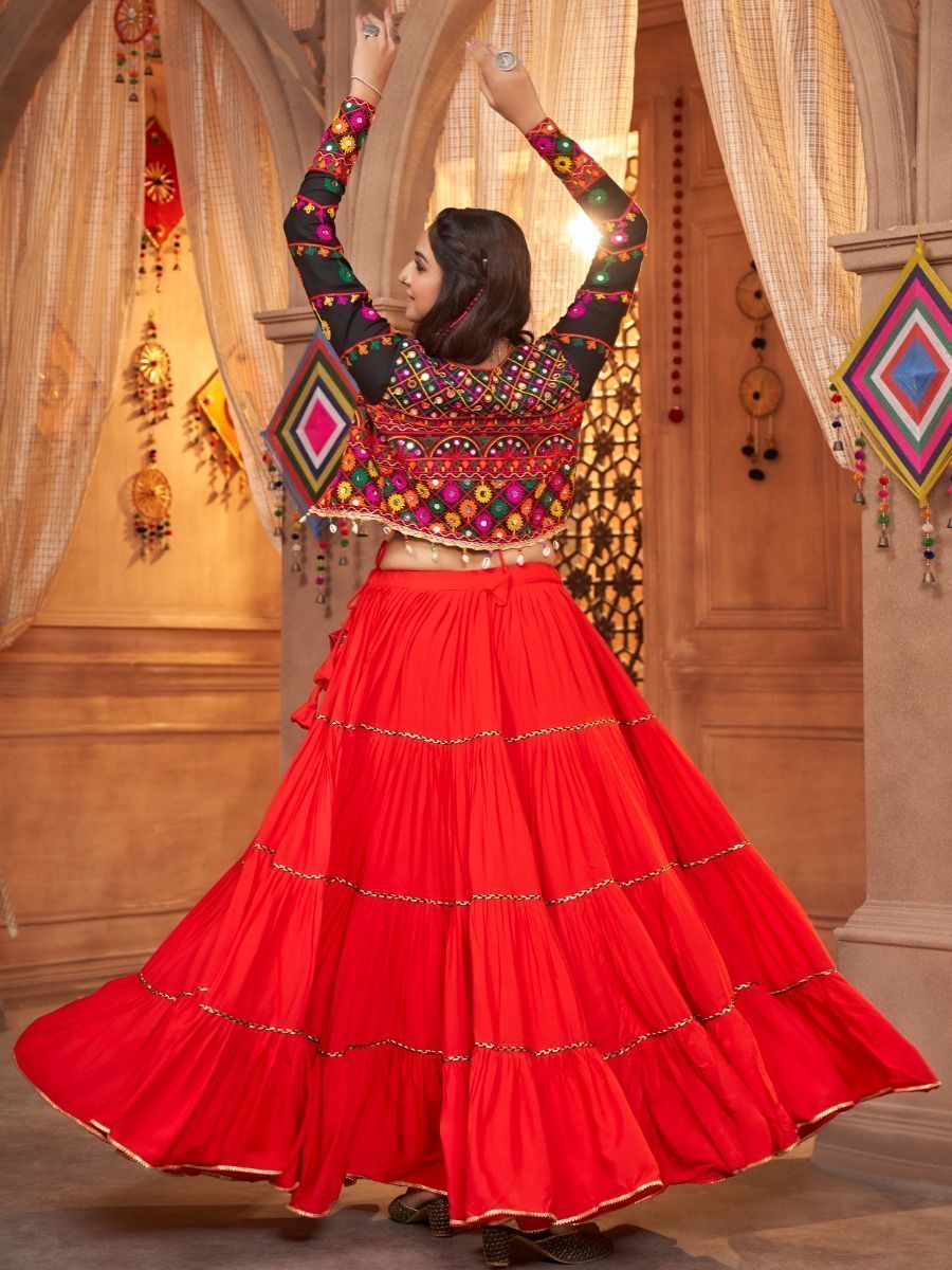 Cherry Red Navratri Special Mirror Worked Rayon Lehenga Choli