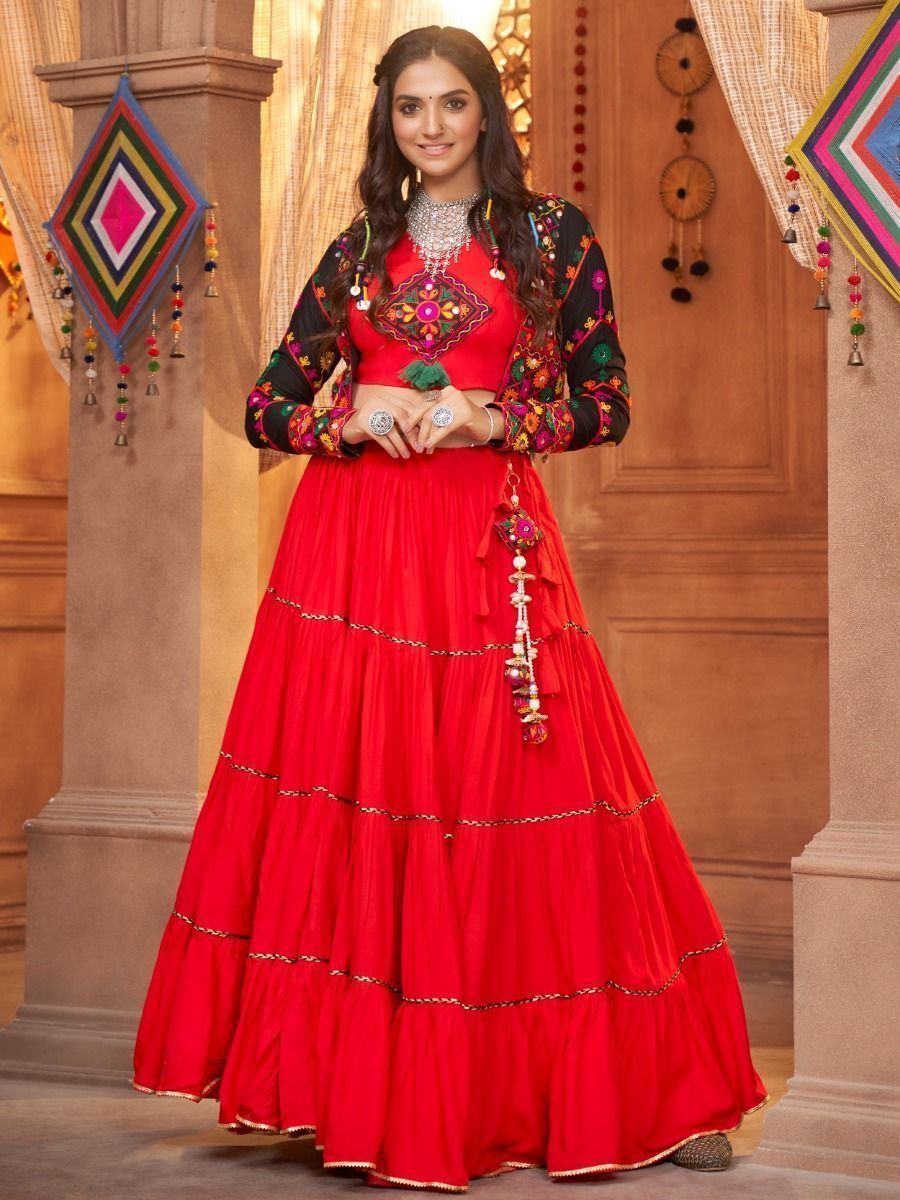 Cherry Red Navratri Special Mirror Worked Rayon Lehenga Choli