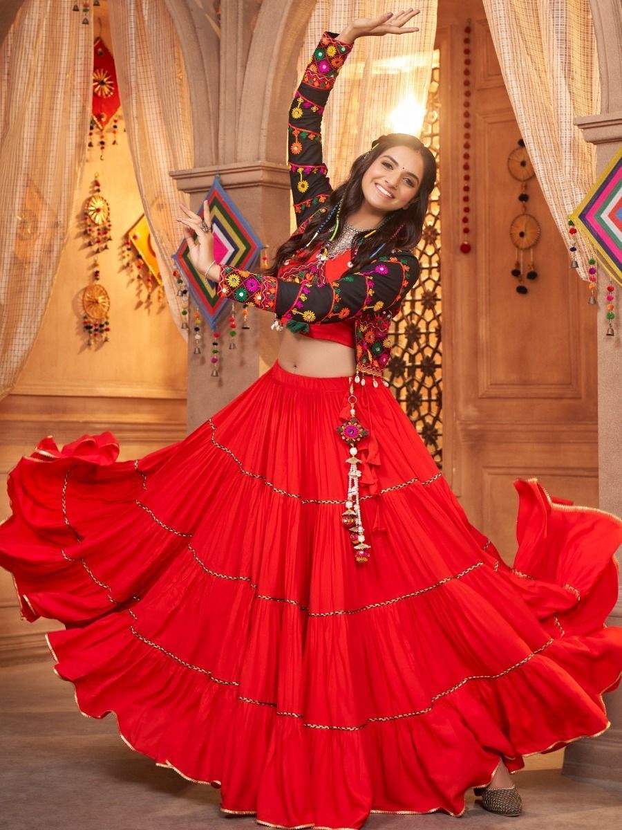 Cherry Red Navratri Special Mirror Worked Rayon Lehenga Choli