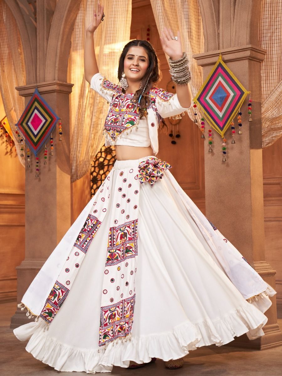 Ice White Navratri Special Mirror Worked Rayon Lehenga Choli