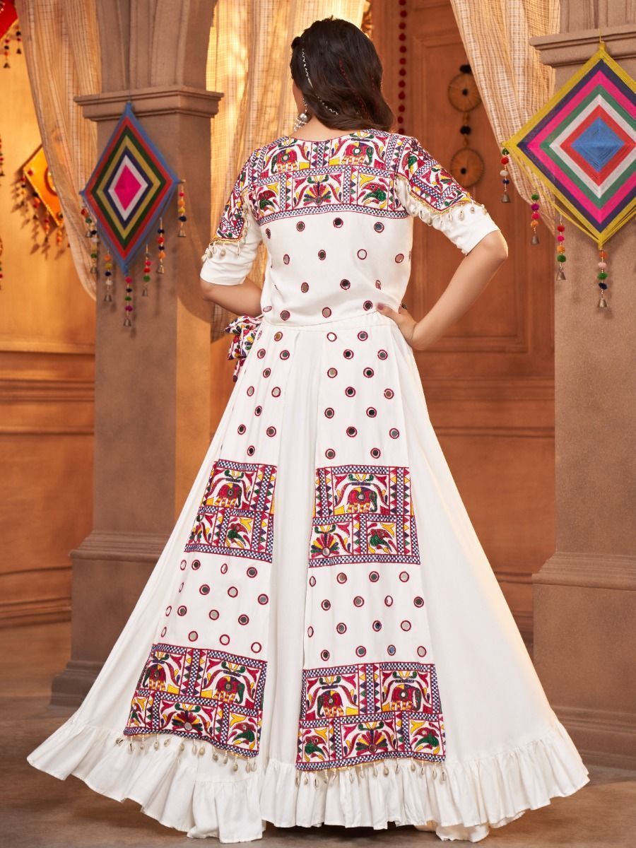 Ice White Navratri Special Mirror Worked Rayon Lehenga Choli