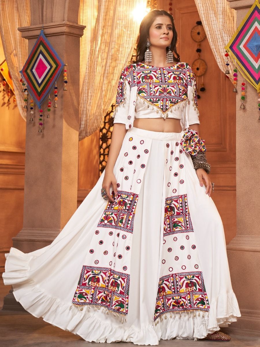 Ice White Navratri Special Mirror Worked Rayon Lehenga Choli