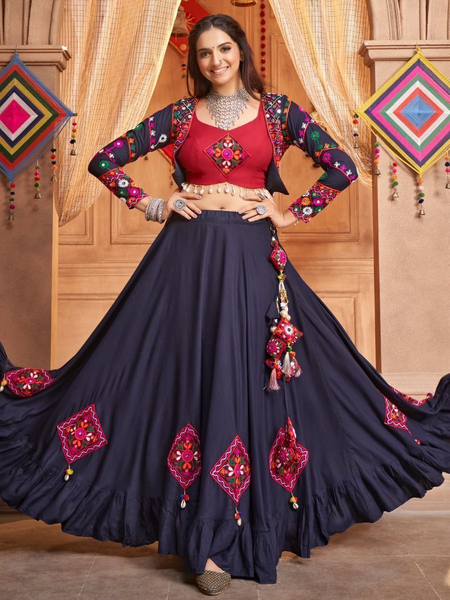 Navy Blue Navratri Special Mirror Worked Rayon Lehenga Choli