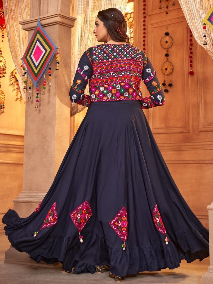 Navy Blue Navratri Special Mirror Worked Rayon Lehenga Choli