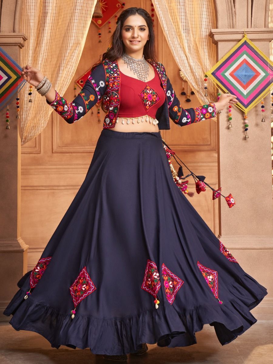 Navy Blue Navratri Special Mirror Worked Rayon Lehenga Choli