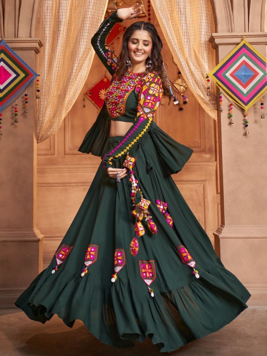 Green Navratri Special Mirror Worked Rayon Lehenga Choli