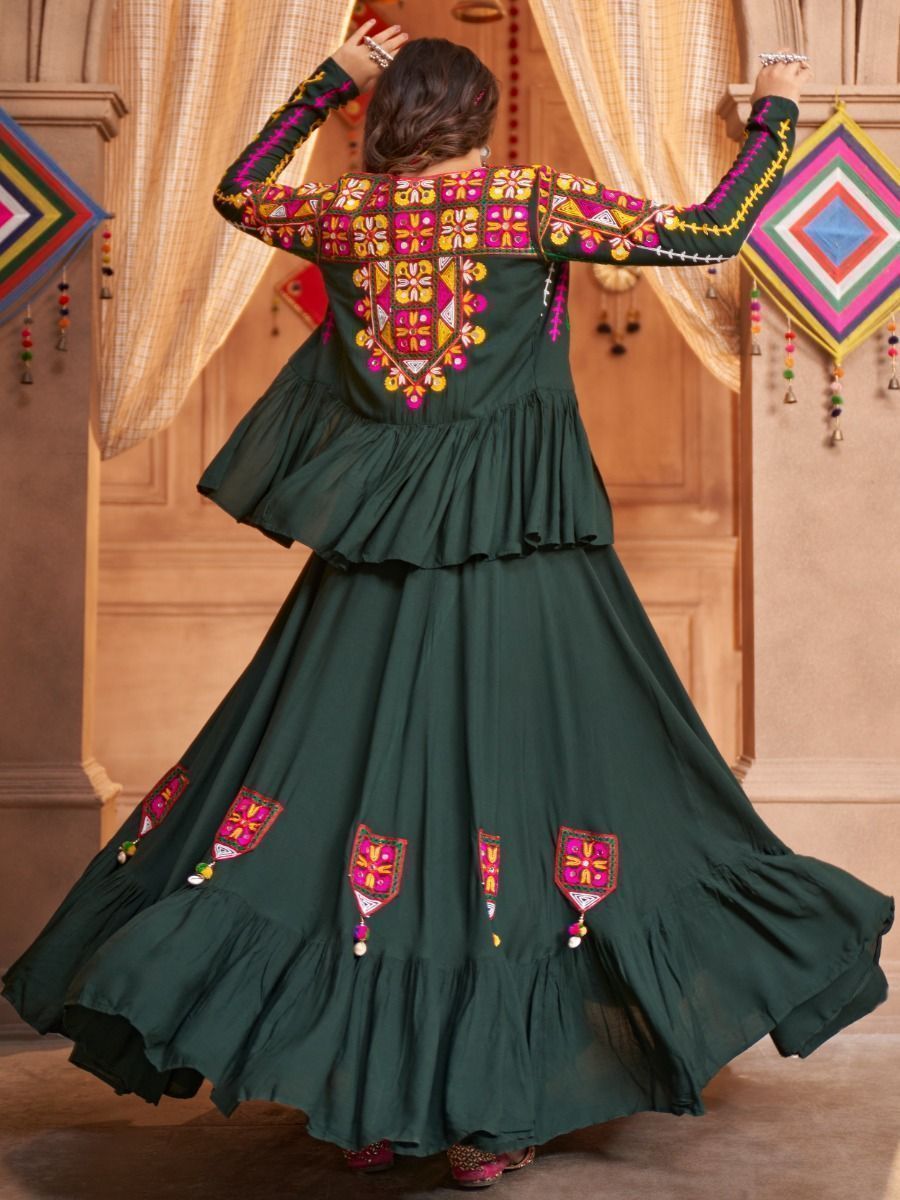 Green Navratri Special Mirror Worked Rayon Lehenga Choli