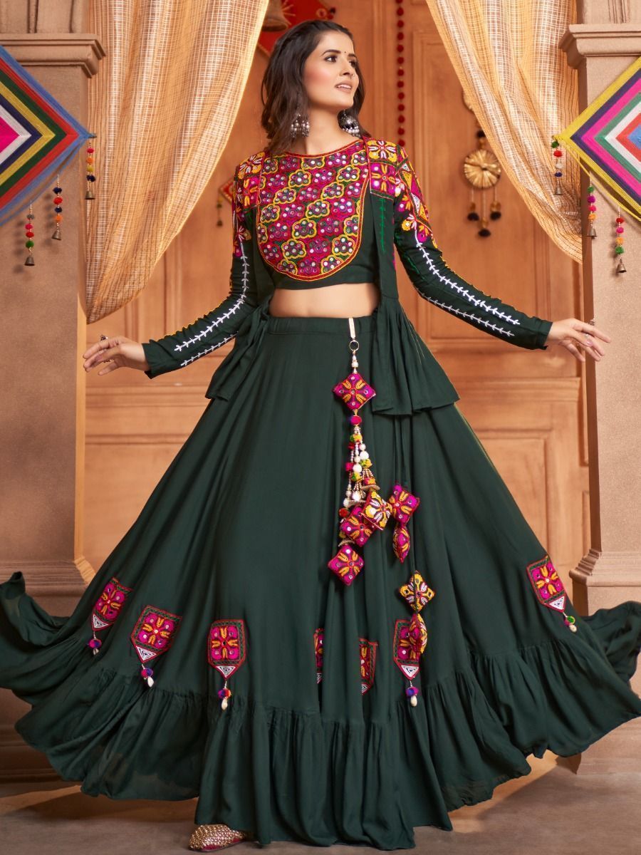 Green Navratri Special Mirror Worked Rayon Lehenga Choli