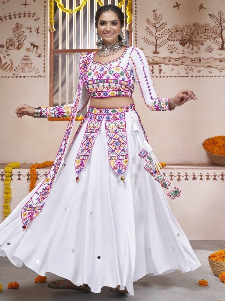 White Navratri Special Mirror Worked Rayon Lehenga Choli