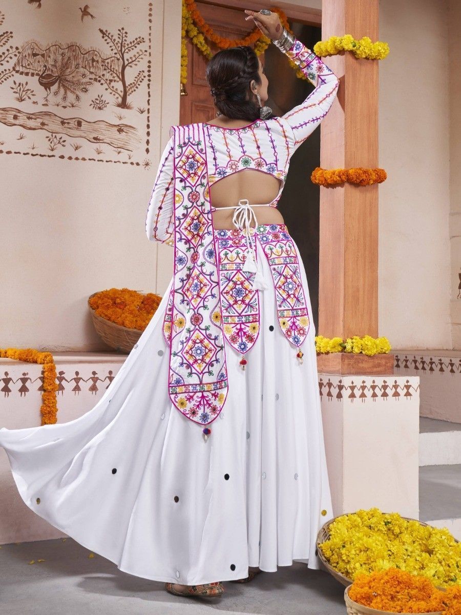 White Navratri Special Mirror Worked Rayon Lehenga Choli