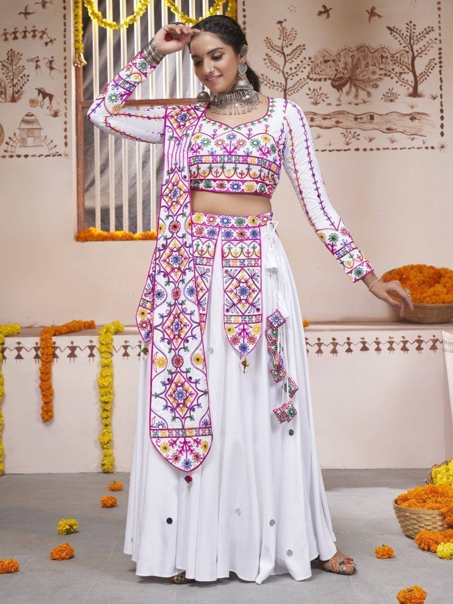 White Navratri Special Mirror Worked Rayon Lehenga Choli