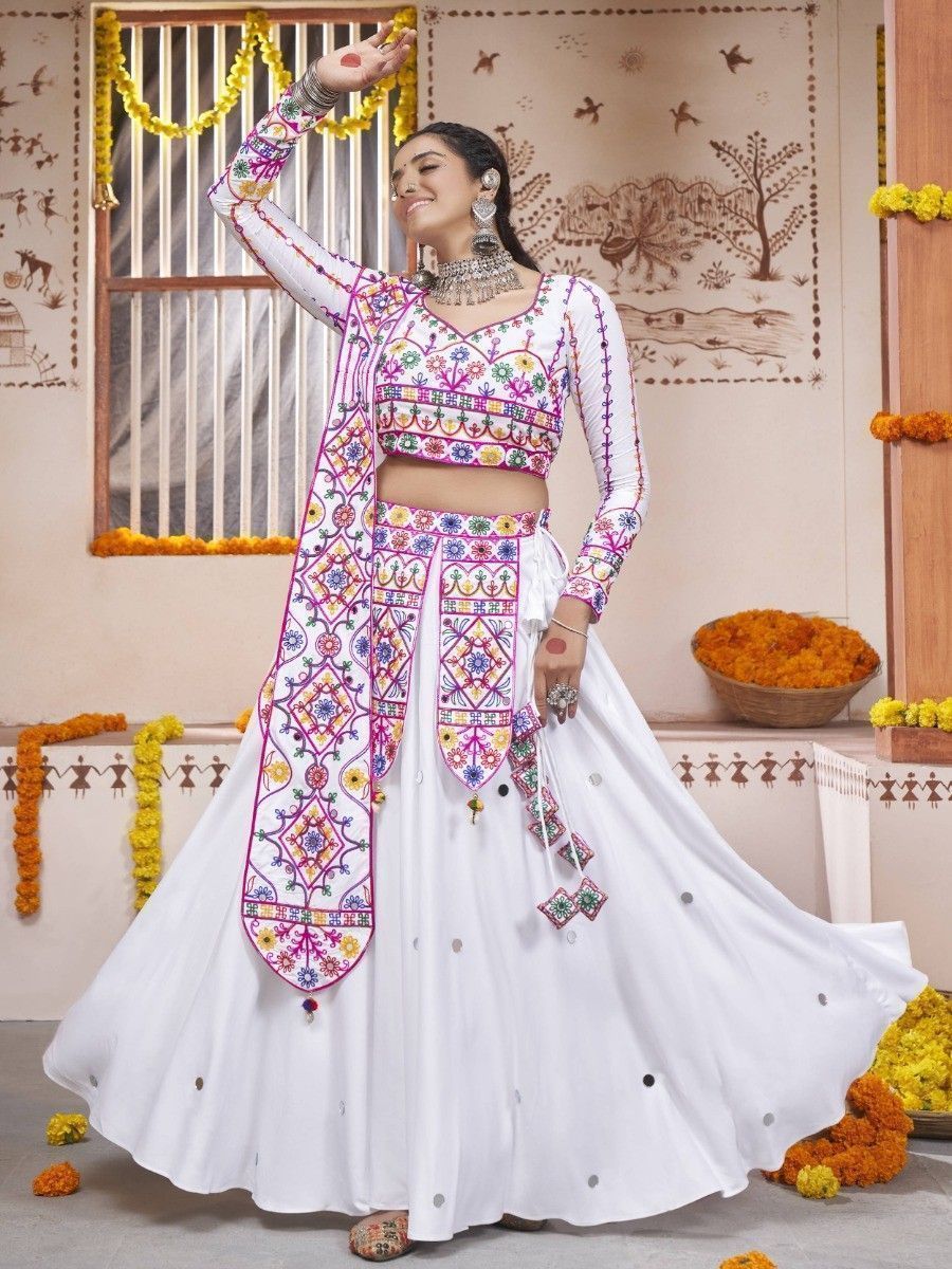 White Navratri Special Mirror Worked Rayon Lehenga Choli