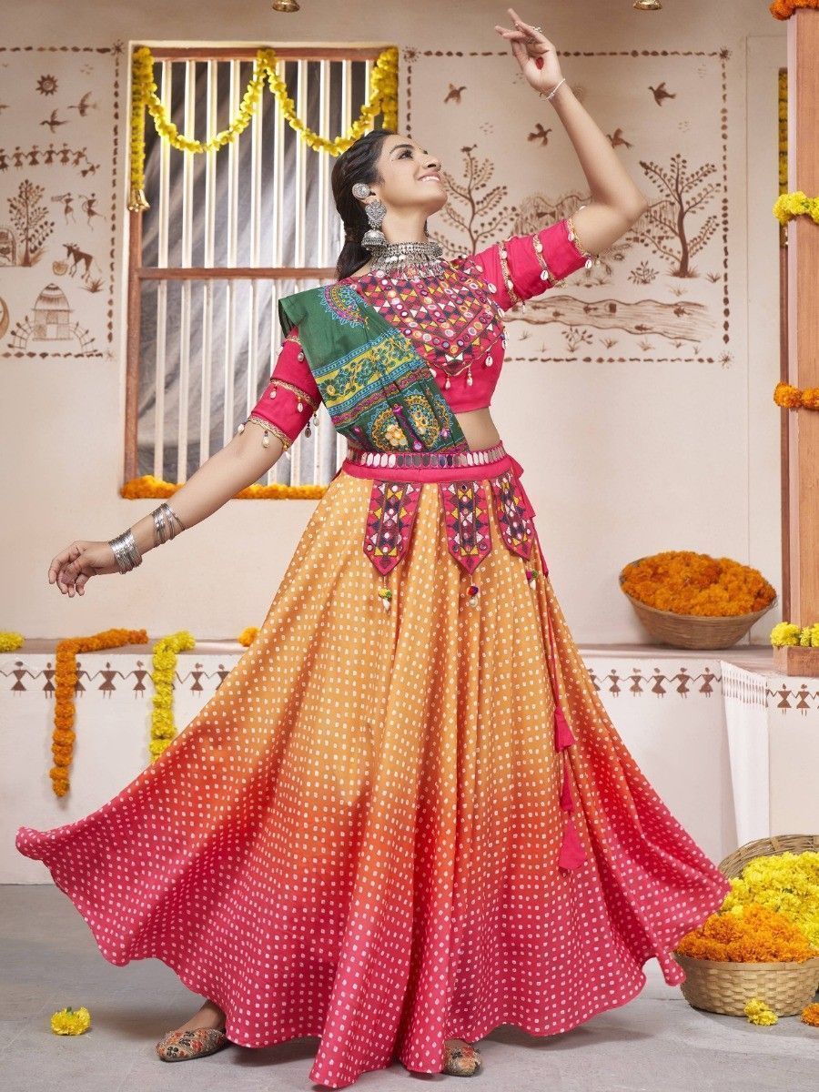 Multicolor Navratri Special Mirror Worked Rayon Lehenga Choli