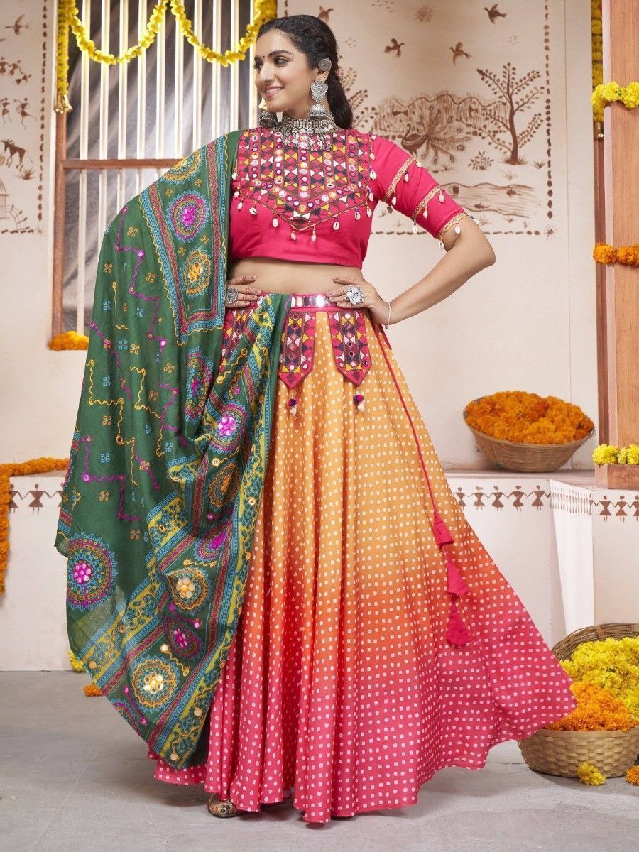 Multicolor Navratri Special Mirror Worked Rayon Lehenga Choli