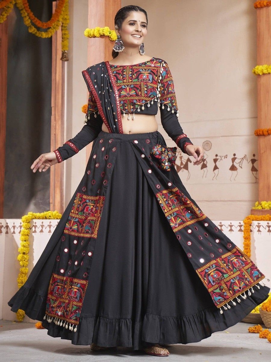 Black Navratri Special Mirror Worked Rayon Lehenga Choli