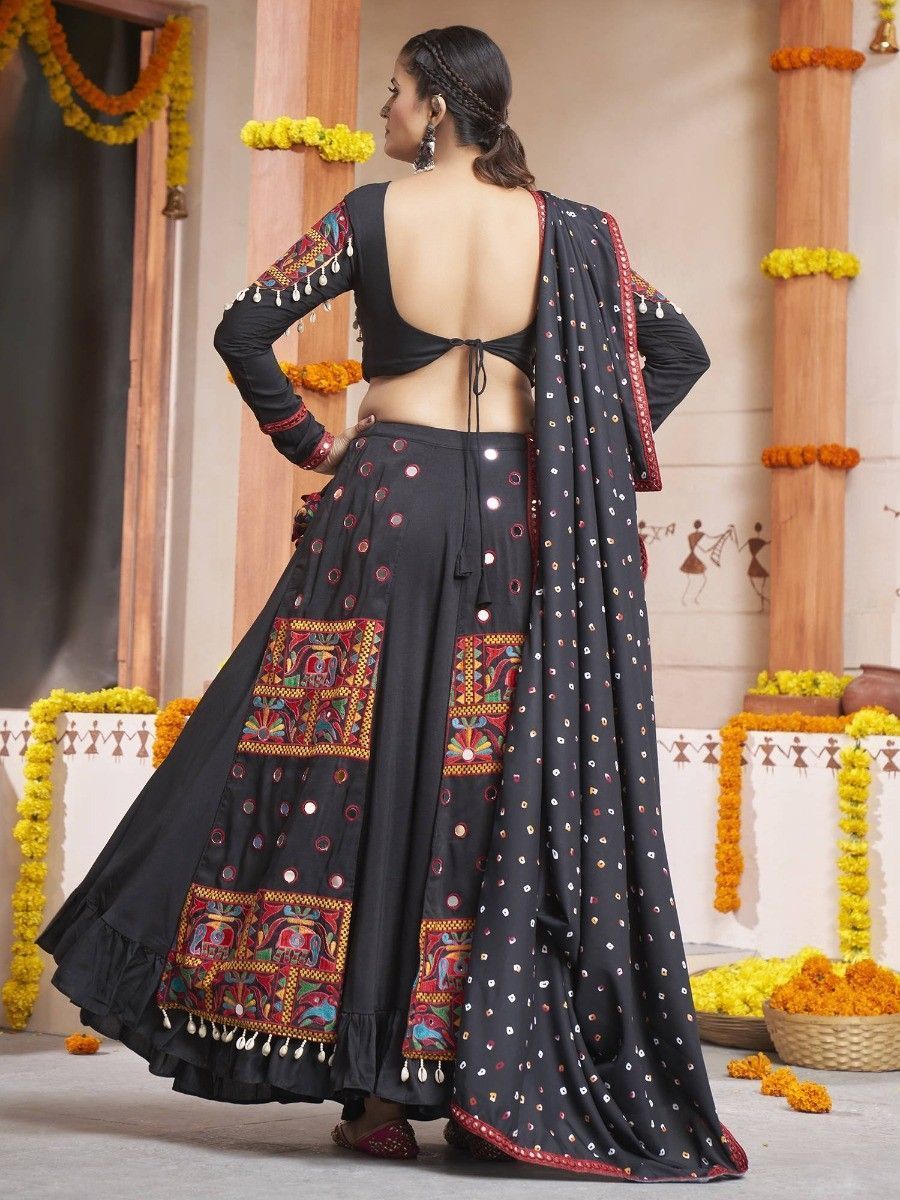 Black Navratri Special Mirror Worked Rayon Lehenga Choli