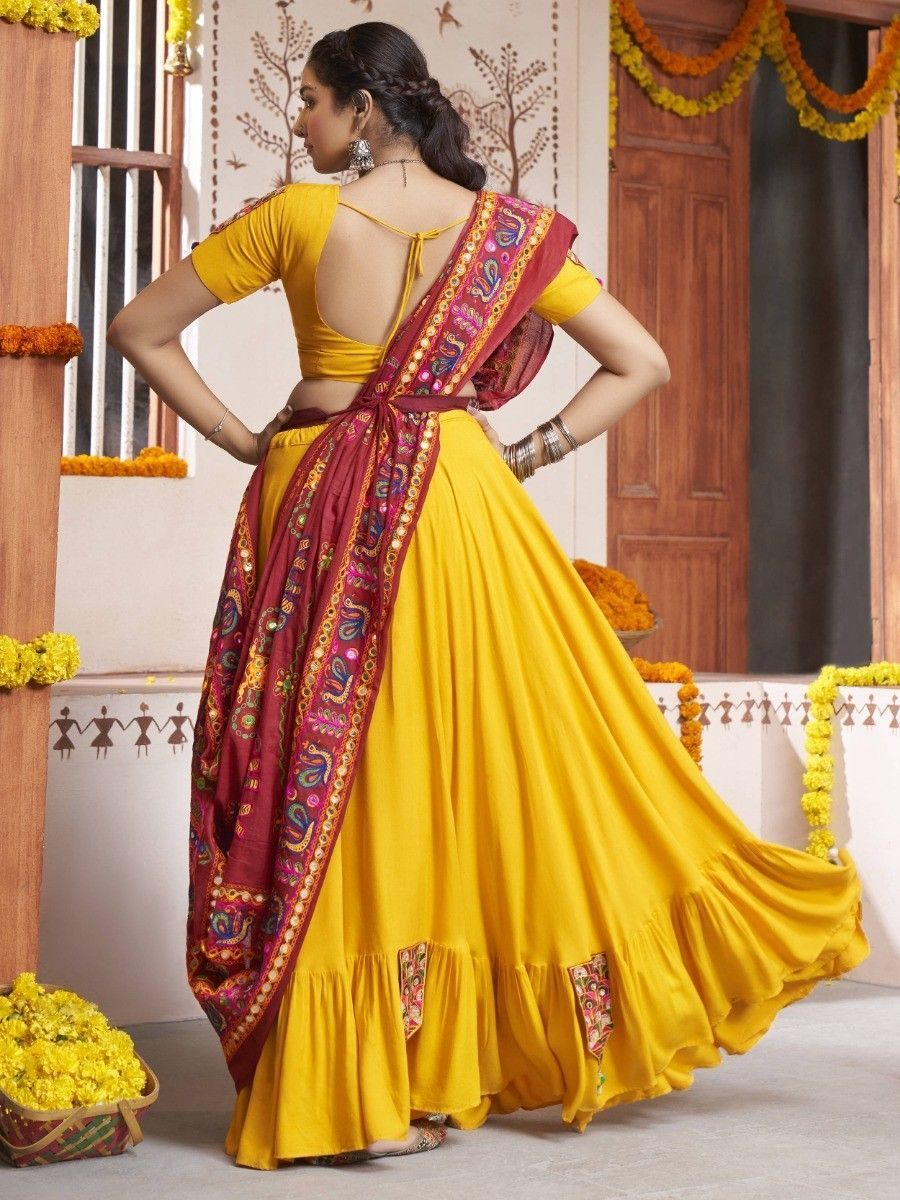 Yellow Navratri Special Mirror Worked Rayon Lehenga Choli