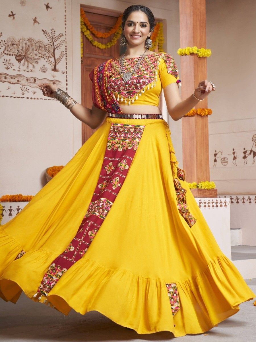 Yellow Navratri Special Mirror Worked Rayon Lehenga Choli