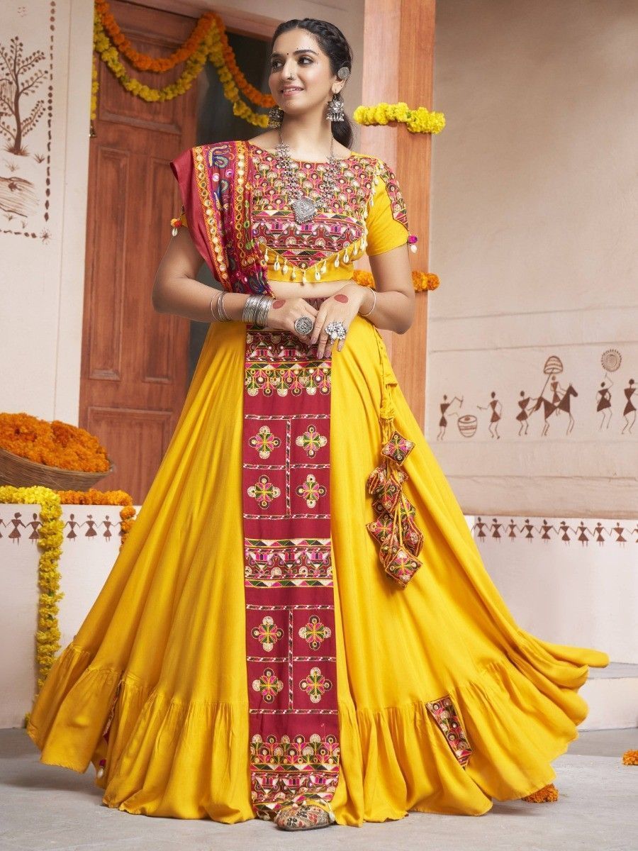 Yellow Navratri Special Mirror Worked Rayon Lehenga Choli