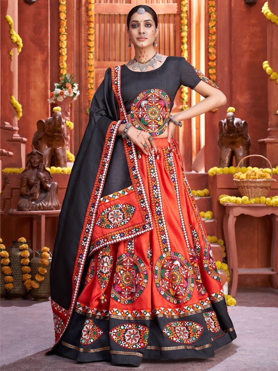 Red & Black Embroidered Cotton Navratri Special Lehenga Choli