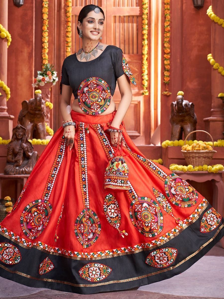 Red & Black Embroidered Cotton Navratri Special Lehenga Choli