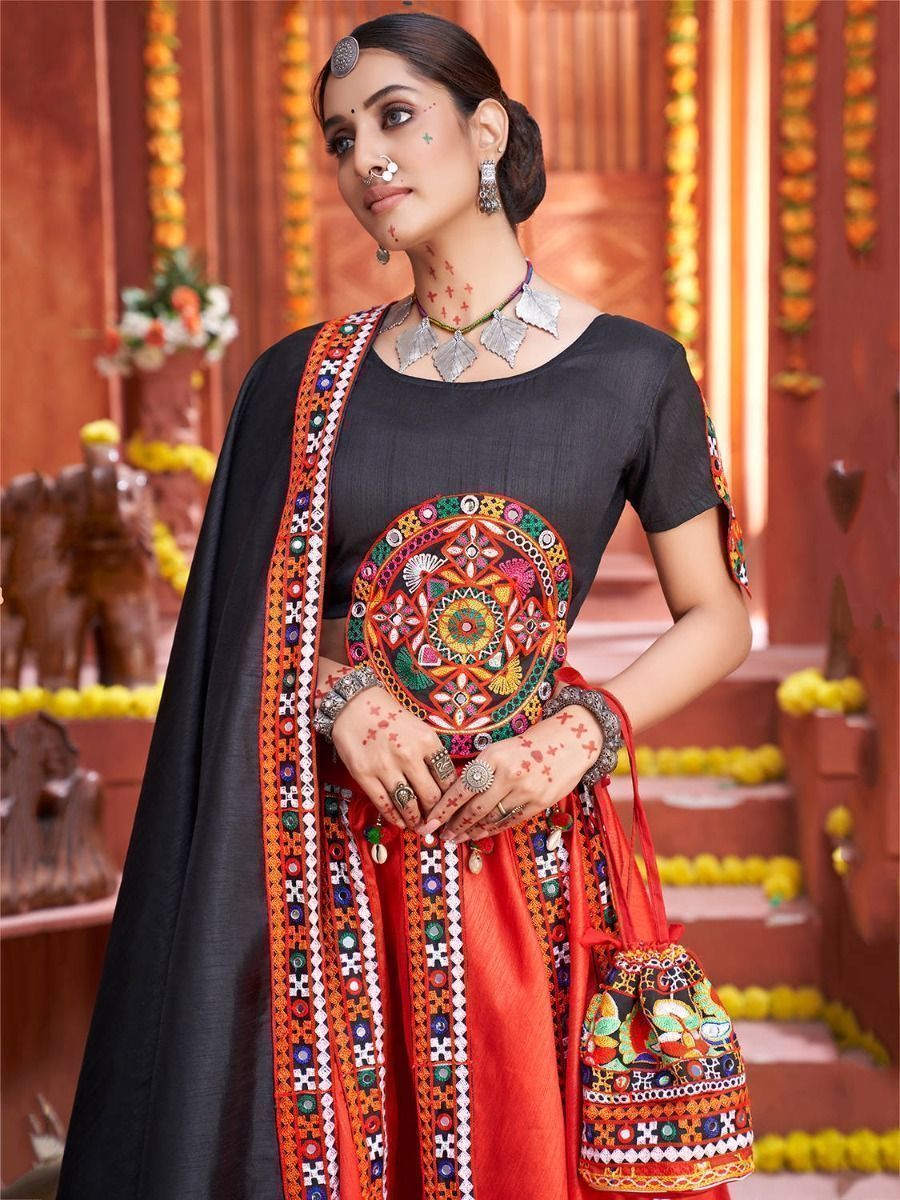 Red & Black Embroidered Cotton Navratri Special Lehenga Choli