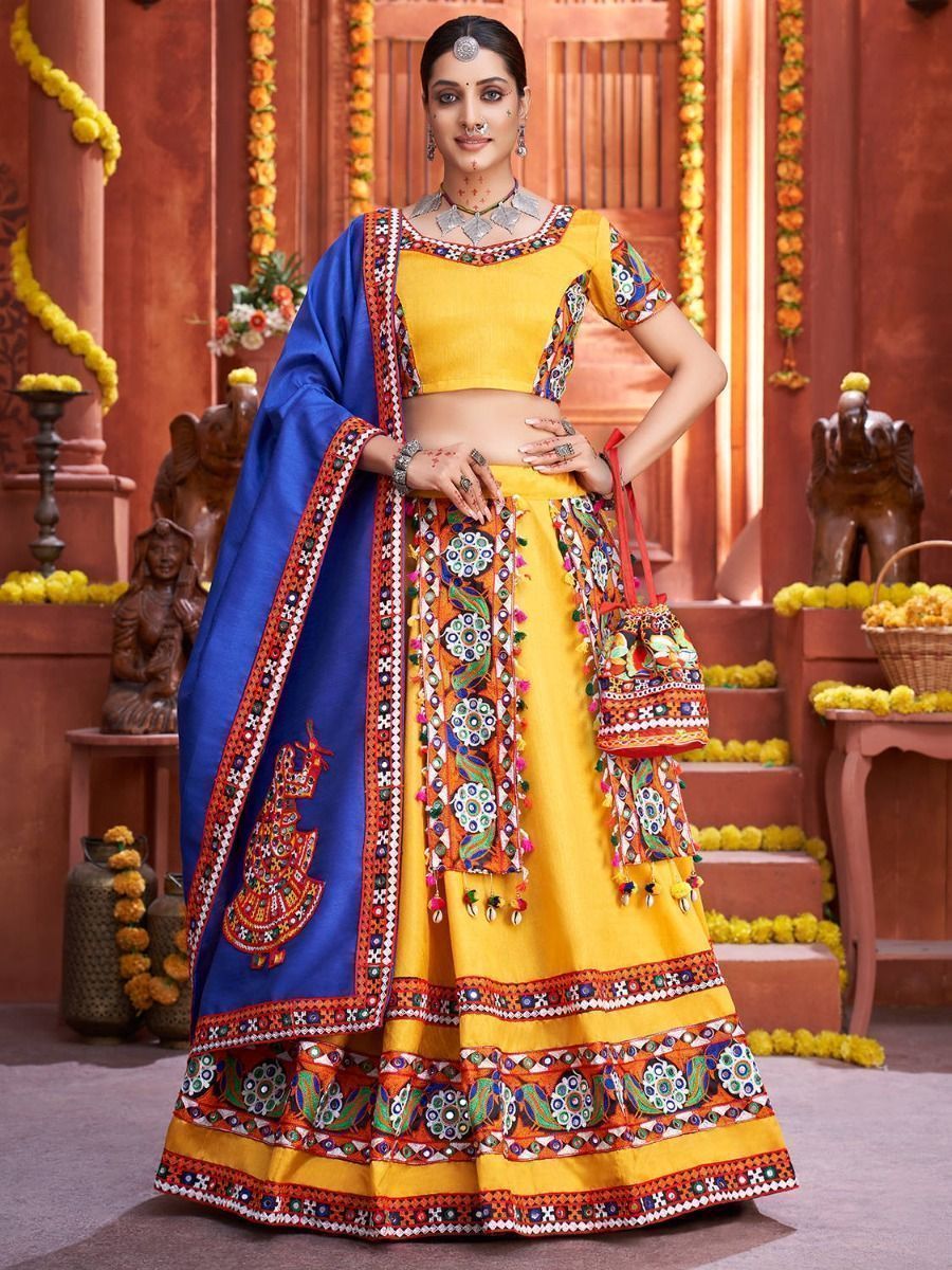 Yellow & Blue Embroidered Cotton Navratri Special Lehenga Choli