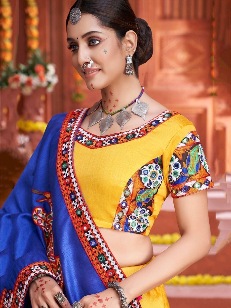 Yellow & Blue Embroidered Cotton Navratri Special Lehenga Choli