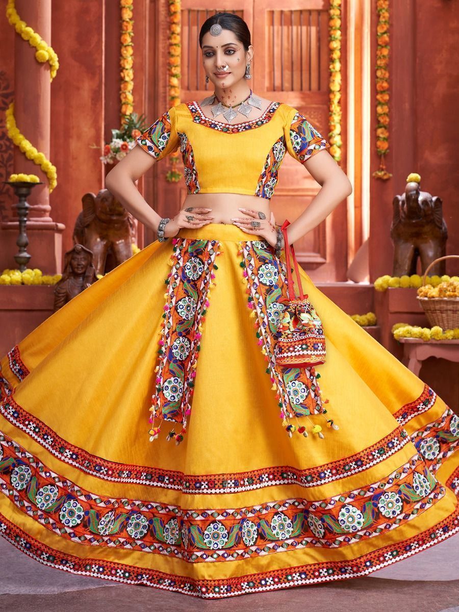 Yellow & Blue Embroidered Cotton Navratri Special Lehenga Choli