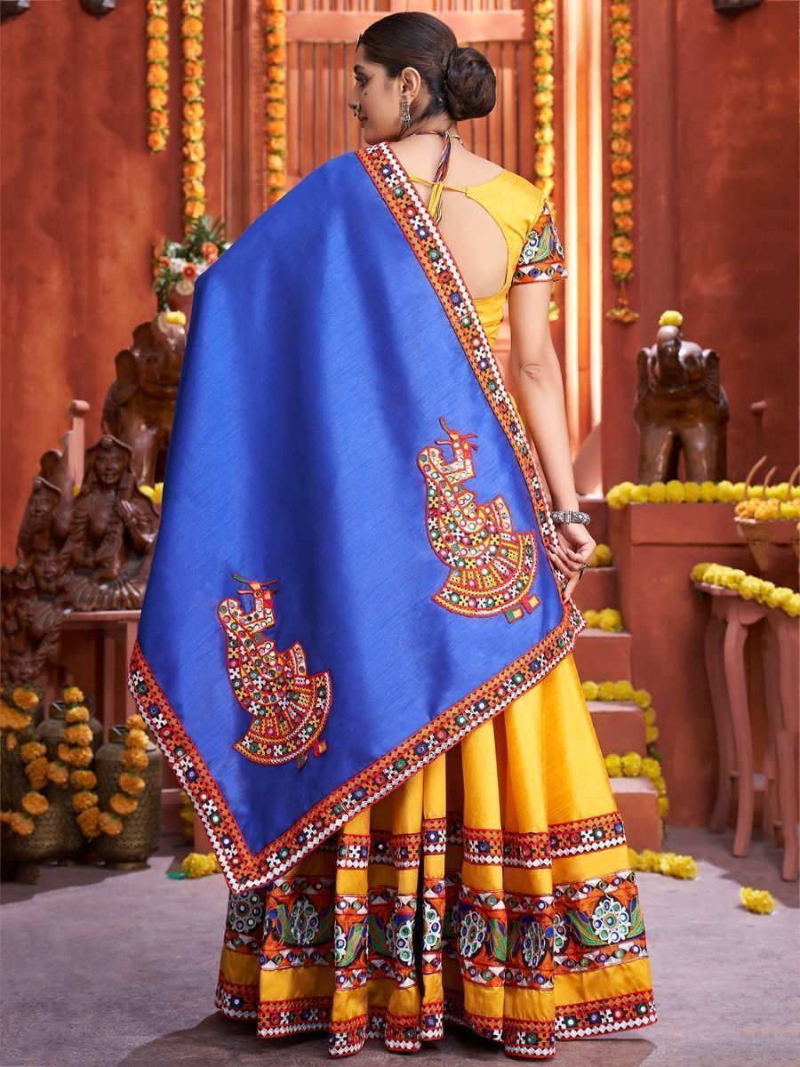 Yellow & Blue Embroidered Cotton Navratri Special Lehenga Choli