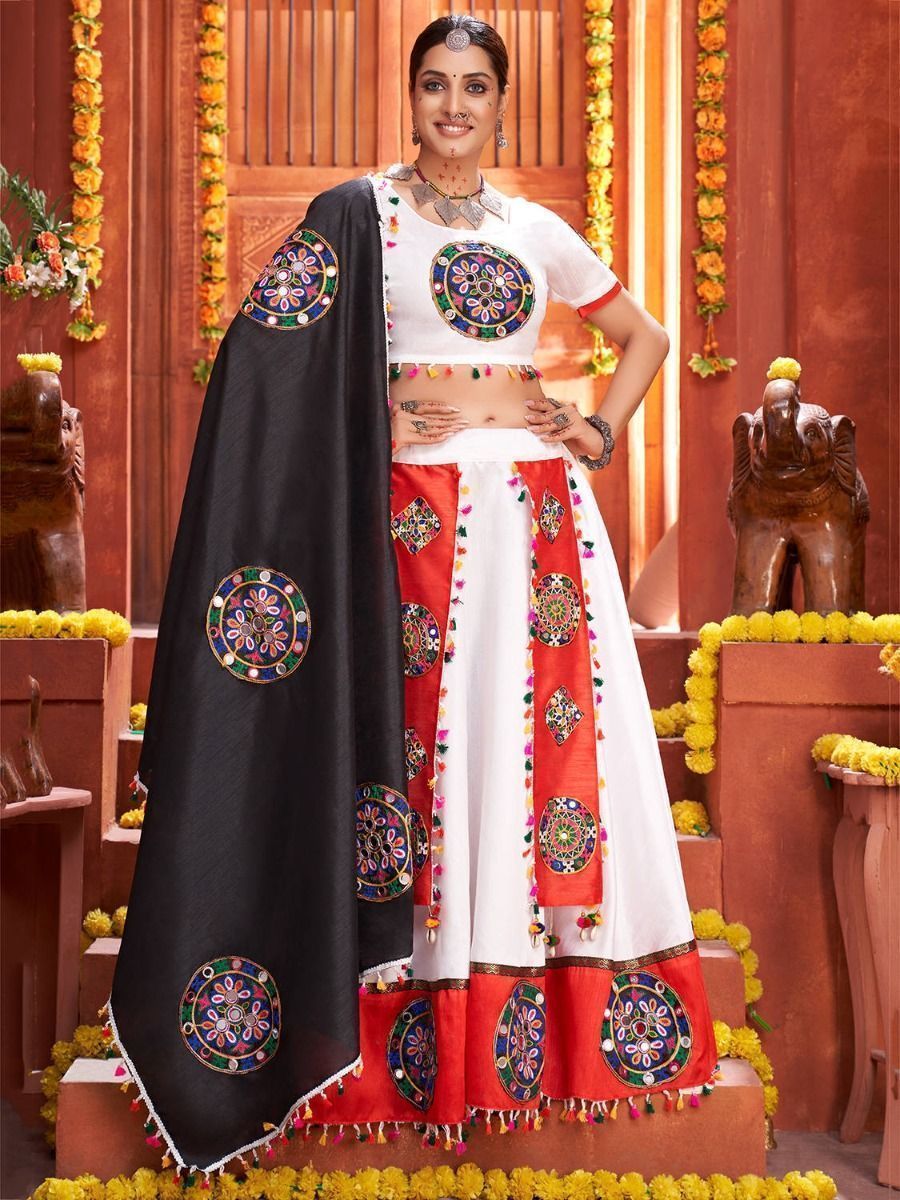 White & Multi Embroidered Cotton Navratri Special Lehenga Choli