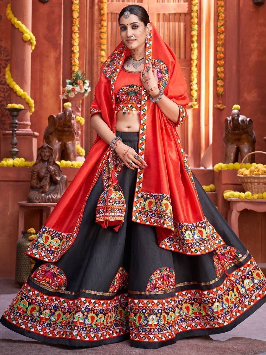 Black & Red Embroidered Cotton Navratri Special Lehenga Choli