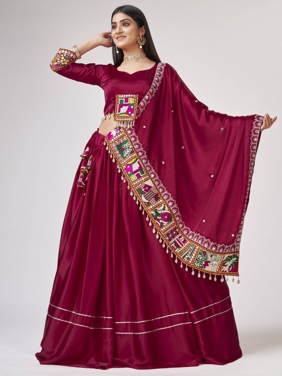 Maroon Gamthi Worked Satin Silk Navratri Wear Lehenga Choli