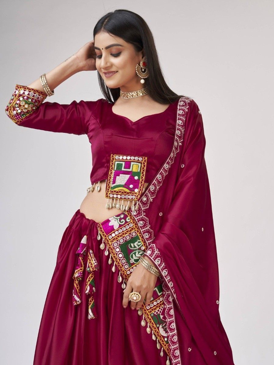 Maroon Gamthi Worked Satin Silk Navratri Wear Lehenga Choli